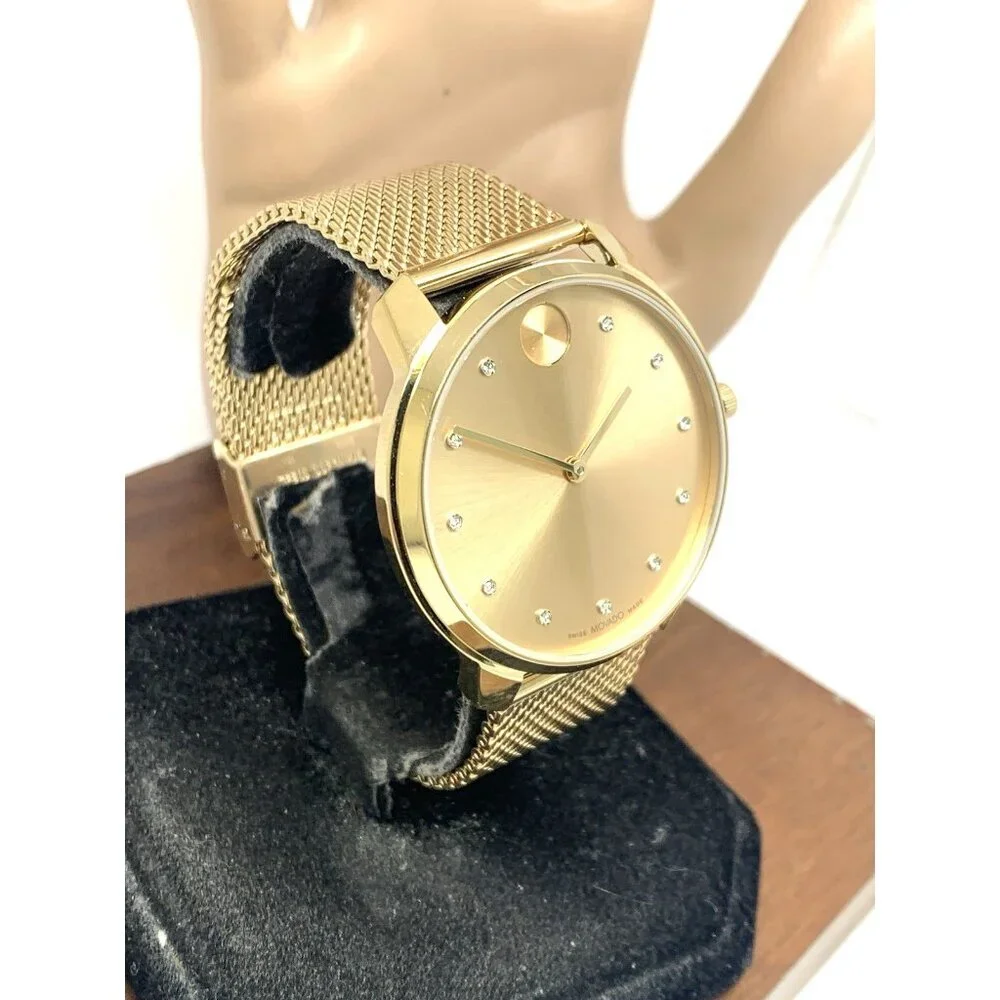 Movado Men's Watch 3600903 Diamond Gold Dial Swiss Quartz Mesh Steel Band 42mm